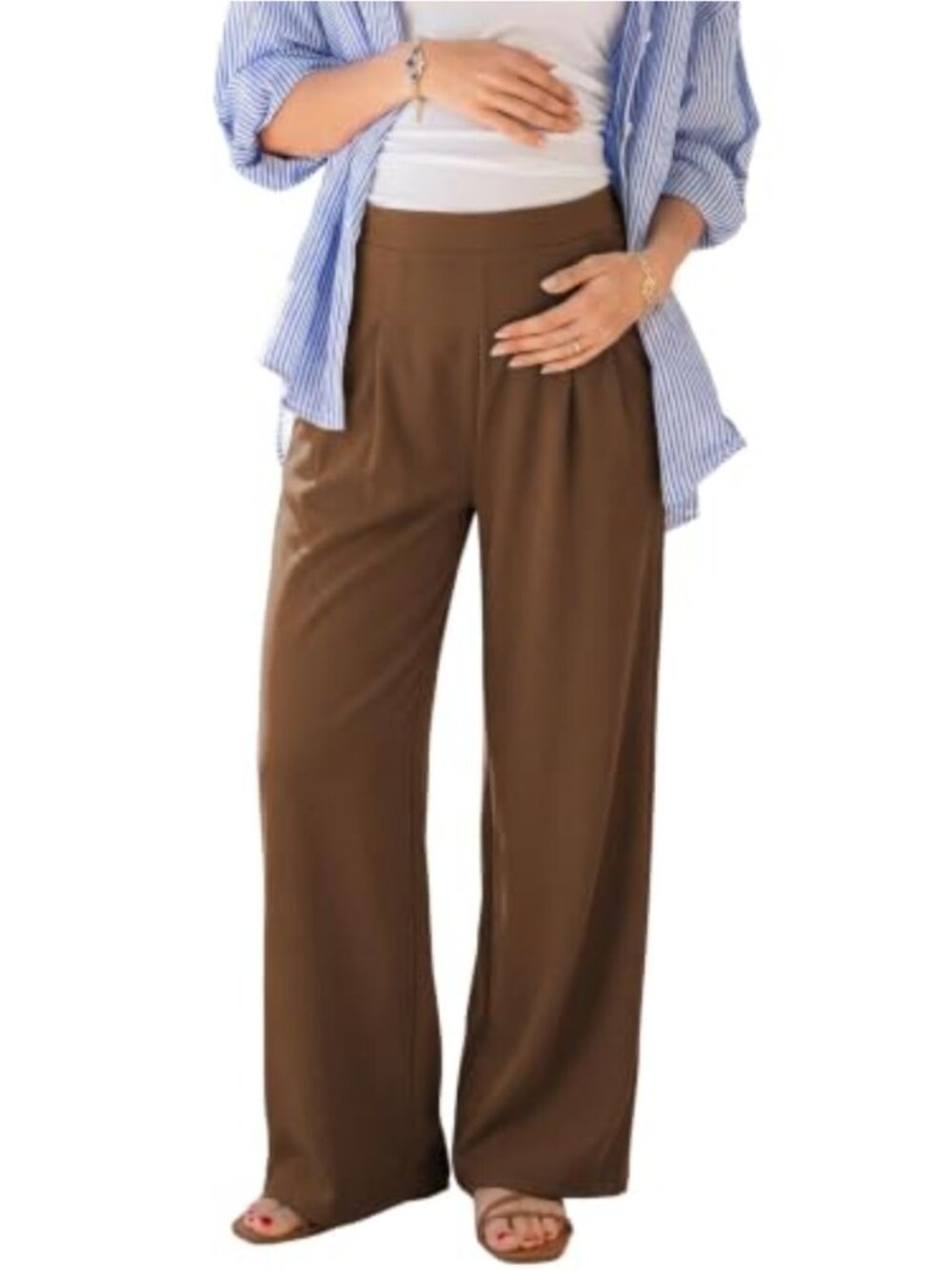 Women Maternity Work Pants Elastic High Waist Wide Leg Dressy Casual Stretch